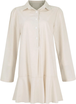 Casual Tunic Mini Shirt Dresses for Women Cotton Linen Lightweight Long Sleeve Button Up Dress Loose Ruffle Hem Dress Small A002-beige