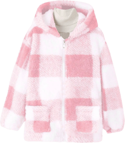 Kids Winter Warm Plush Coat Trendy Plaid Jackets Zip Up Hoodie Boy Girls' Clothing Fleece Hooded Outwear Pink 12 Years