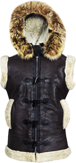 Men’s Aviator RAF B3 Shearling Sheepskin Hooded Fur Leather Bomber Dark Brown Vest
