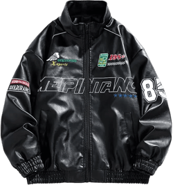 Men's Faux Leather Jacket Oversized Varsity Jacket Zipper Closure Casual Jacket Unisex Motorcycle Jacket Medium Black