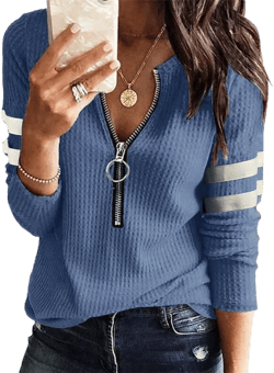 Women's stitching plus size V Neck Tunic Tops zipper T-Shirts Casual Loose long-sleeved Blouses Blue XX-Large