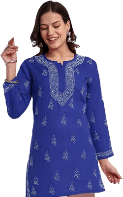 Ada Hand Embroidered Indian Clothing Chikankari Women's Cotton Top Tunic Shirt Kurti A210717 Royal Blue X-Large