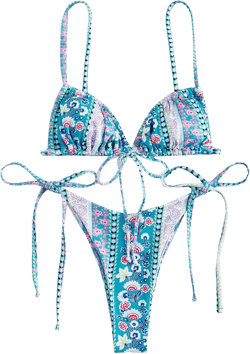 WDIRARA Women's Floral Print Tie Side Swimwear Straps Bikini Sets Swimsuits Multi Blue L