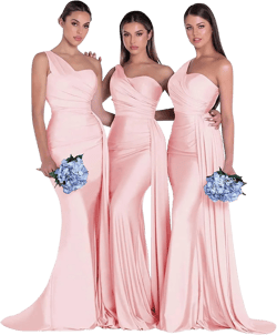 OYI Women's One Shoulder Mermaid Bridesmaid Dresses Long Ruched Bodycon Satin Formal Prom Gowns YZTS068 20 Plus Pink