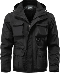 Men's Military Lightweight Jacket Army Cargo Windbreaker Zip Front Stand Collar Cotton Jackets with Multi Pockets Black XX-Large