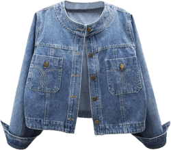Women’s Collarless Long Sleeve Denim Jacket Round Neck Button Down Jean Jackets Large Wahsed Blue