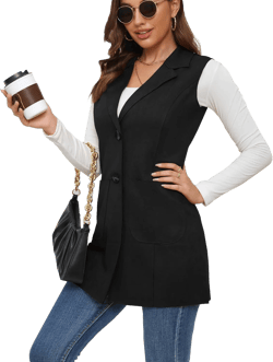 Women's Long Sleeveless Suede Vest Casual Lapel Open Front Duster Vest Large Black