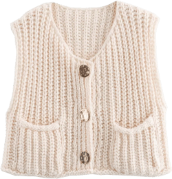 Sastianaen Women Y2k Button Down Knit Vest Round Neck Sleeveless Sweater Vintage Ribbed Vest Tank Top Streetwear E Beige Medium