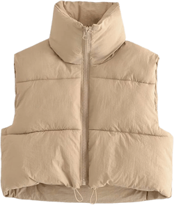 Zhiyouni Womens Cropped Puffer Vest Lightweight Sleeveless Stand Collar Short Padded Vest Gilet Small Khaki