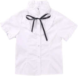 OCHENTA Girls Button Down Shirt Long Sleeve Ruffle Collar Blouse with Bowknot Lace for School Uniform Daily