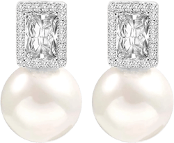 925 Sterling Silver Hoop Handpicked AAA+ Quality 7.5-8mm White Freshwater Cultured Pearl Dangle Drop Earrings Jewelry for Women 3. Silver CZ