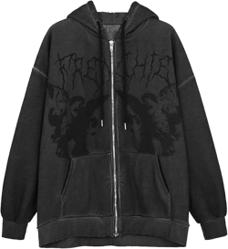 Yuemengxuan Women's Vintage Graphic Print Oversized Hoodies Zip Up Long Sleeve Sweatshirt Y2K Hip-pop Pullover Jackets