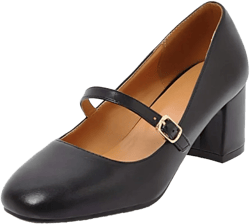 Amazon.com | VOKLIN Women's Retro Square Toe Mary Jane Pump Oxford Leather Buckle Strap Chunky Block Mid Heel Dress Shoes | Pumps