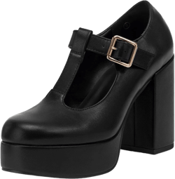 Coutgo Womens' T-Strap Round Toe Chunky Platform Heels Patent Mary Jane Dress Shoes