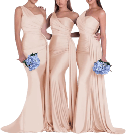RYANTH Women's One Shoulder Satin Bridesmaid Dresses for Wedding Dress Mermaid Prom Gown 2024 Formal Gowns RYA334 One Size Rose Gold