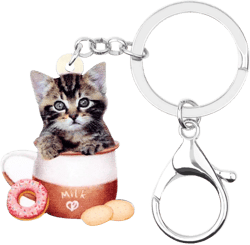 WEVENI Acrylic Milk Cup Cat Keychain Kitten Keyring Car Handbag Wallet Charms For Women Girls