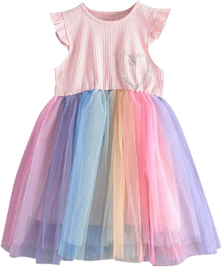 Girls Birthday Dresses Toddler Girl Rainbow Colorful Tulle Dress with Short Fly Sleeves Summer Party Dress 5-6 Years Pink