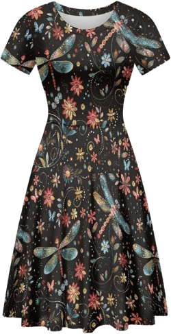 AFPANQZ Womens Casual Summer Lightweight Vintage Dress Short Sleeve Midi Dress Knee-Long Luxury Formal Dress X-Large Floral Dragonfly