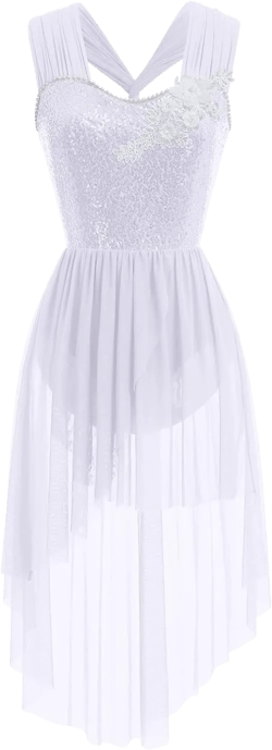 AFAVOM Sequin Flower Lyrical Dance Dress for Women Cross Straps Leotard High Low Flowy Mesh Skirt Contemporary Dance Costume X-Small White
