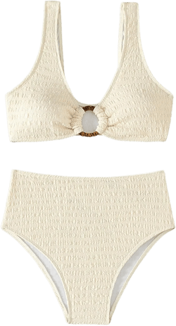 Milumia Women's 2 Piece High Waisted Bikini Sets Ring Linked V Neck Tummy Control Swimsuits Large Beige