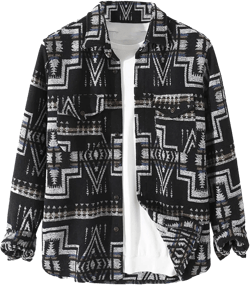 VIEWON Men's Casual Print Button Down Woolen Long Sleeve Lightweight Lapel Western Shacket Jacket Coat X-Large Black