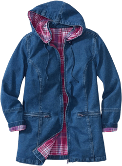 Woman Within Plus Size Flannel-Lined Denim Jacket Removable Hood Long Oversized Jean Coat Large Plus Medium Stonewash Plaid