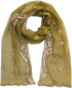 2.25Meter Net Fabric Embroidered Stylish Curve Plastic Mirror Work Embellished Indian Dupatta Chunni For Women Girls 88in(L)x34in(W) Mehandi