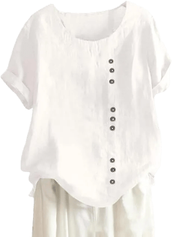 Women's Cotton Linen Shirts Short Sleeve Crewneck Blouse Button Casual Loose Fit T Shirt Tunic Tops for Summer White 4X-Large