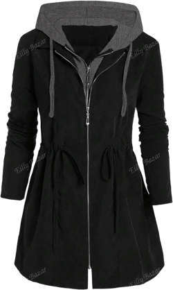 Eilly Bazar Plus Size Women Hooded Patchwork Zip-Up Cinched Waist Windbreaker Jacket