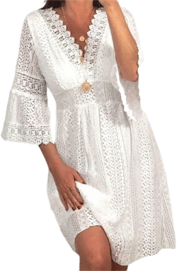 Women Boho Cream Floral Lace Crotchet V Neck Flowy A Line Dress 3/4 Bell Sleeve Eyelet Beach Wedding Guest Vacation Dress X-Large White
