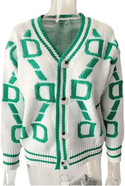 Women's Button V Neck Knit Long Sleeve Cardigan Sweater Casual Drop Shoulder Geometric Knit Loose Chunky Outerwear Top Small White