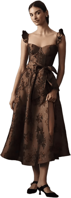 V. Chapman Vera Ruffle-Strap Corset Side-Slit Midi Dress