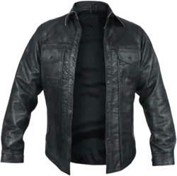 RIZING STAR Men's Western Trucker Leather Smart Fitted Denim Shirt Style Stud Button Jacket Large Black Leather