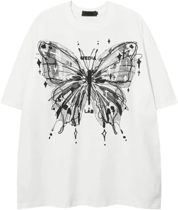 CEINOM Fairy Grunge Aesthetic T-shirt Butterfly Graphic Tees Gothic Y2K Black Vintage Oversized Short Sleeve Harajuku Tshirts X-Large White