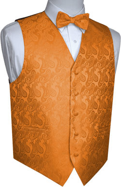 ORANGE MEN&#39;S PAISLEY formal tuxedo vest, bow-tie & hankie set. For Formal, Wedding, Prom, Cruise
