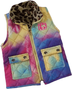Tie Dye Leopard Quilted Vest Monogrammed Personalized Vest Kid Girl Pink Purple Yellow Blue Gold Zipper with Pockets