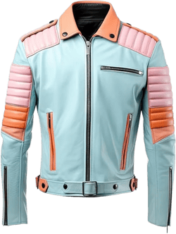 Men's Biker MultiColor Leather Jacket, Leather Biker Jacket for Men, Faux Leather Biker Bomber Jacket Large Ice Blue and Pink