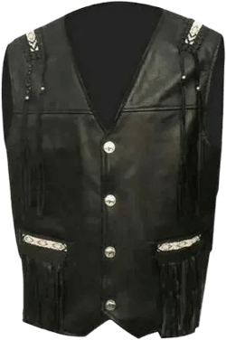 Traditional Black Men Western Cowhide Leather Vest - Classic Native American Fringe Vest, Vintage Leather Beads Tassel Cowboy Vest Waistcoat