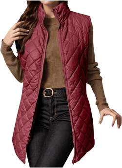 fartey Quilted Vest Women 2025 Sleeveless Puffer Vest Jackets Zip Up Stand Collar Gilet Coats Outwear Witt Pockets Medium 02 Red