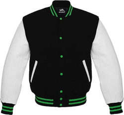 Mens Genuine Wool blend and Leather Sleeves Light Weight Varsity Jacket Letterman Rib Knitting Bomber (M, Black White Green)