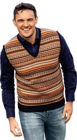 2 colours. Mens Scottish lambs wool Fair isle slipover, tank top, vest, sleeveless, sweater, jumper, pullover. Grey, Navy, blue. V Vee neck