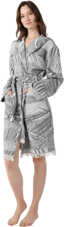Gray Palm Jacquard Turkish Cotton Robe for Women, Lightweight Dressing Gown, Beach Pool Sauna Hot Tub Cover Up, Hooded Turkish Bathrobe