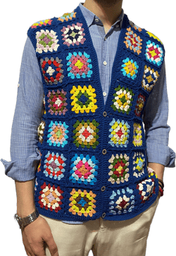 Paul Mccartneys Vest, Blue Crochet Granny Square Vest, Crochet Boho Waistcoat, Valentine's Day, Knit Buttoned Retro Sweater, Gift for Him