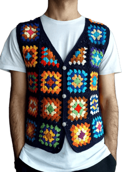 Crochet Granny Square Vest for Men, Navy Blue Crochet Sweater, Boho Hippie Clothing, Buttoned Vest, Festival Wear Men, Christmas in July