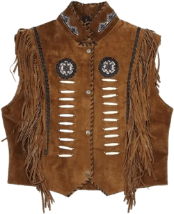 Traditional Men Brown Western Suede Leather Vest - Classic Native American Fringe Vest, Vintage Leather Beaded Tassels Cowboy Vest Waistcoat