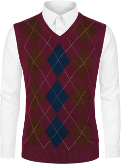 Lars Amadeus Men's Casual Argyle V Neck Sleeveless Knit Pullover Sweater Vest Burgundy Blue Medium