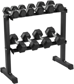 HolaHatha 5, 10, 15, 20, and 25 Pound Rubber Encased Hexagon Non Slip Dumbbell Weight Set with Rack for Various Strength Training Workouts, Black