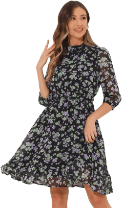 INSPIRE CHIC Women's Floral A-Line Casual Mock Neck Fit and Flare Chiffon Dress Black Large