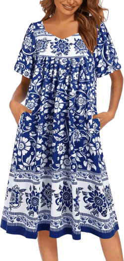 Ekouaer Women's House Dress Pleated Nightgown Short Sleeve Mumu Dress Lounge Dress With Pockets Blue Bohemian Flowers X-Large