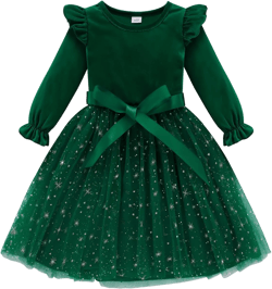 Toddler Girl Tutu Dresses Velvet Ruffle Long Sleeve Kids Sparkly Sequin Tulle Holiday Party Casual Princess Dress 2-7Y Green 4-5T